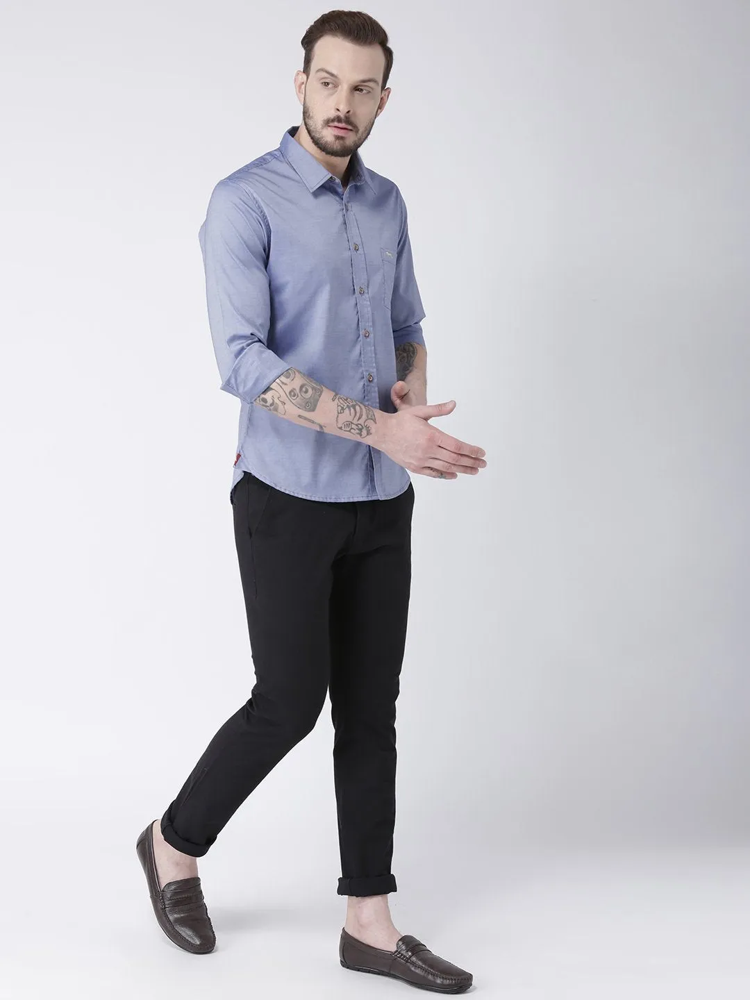 Men Blue Solid Cotton Slim Fit Shirt