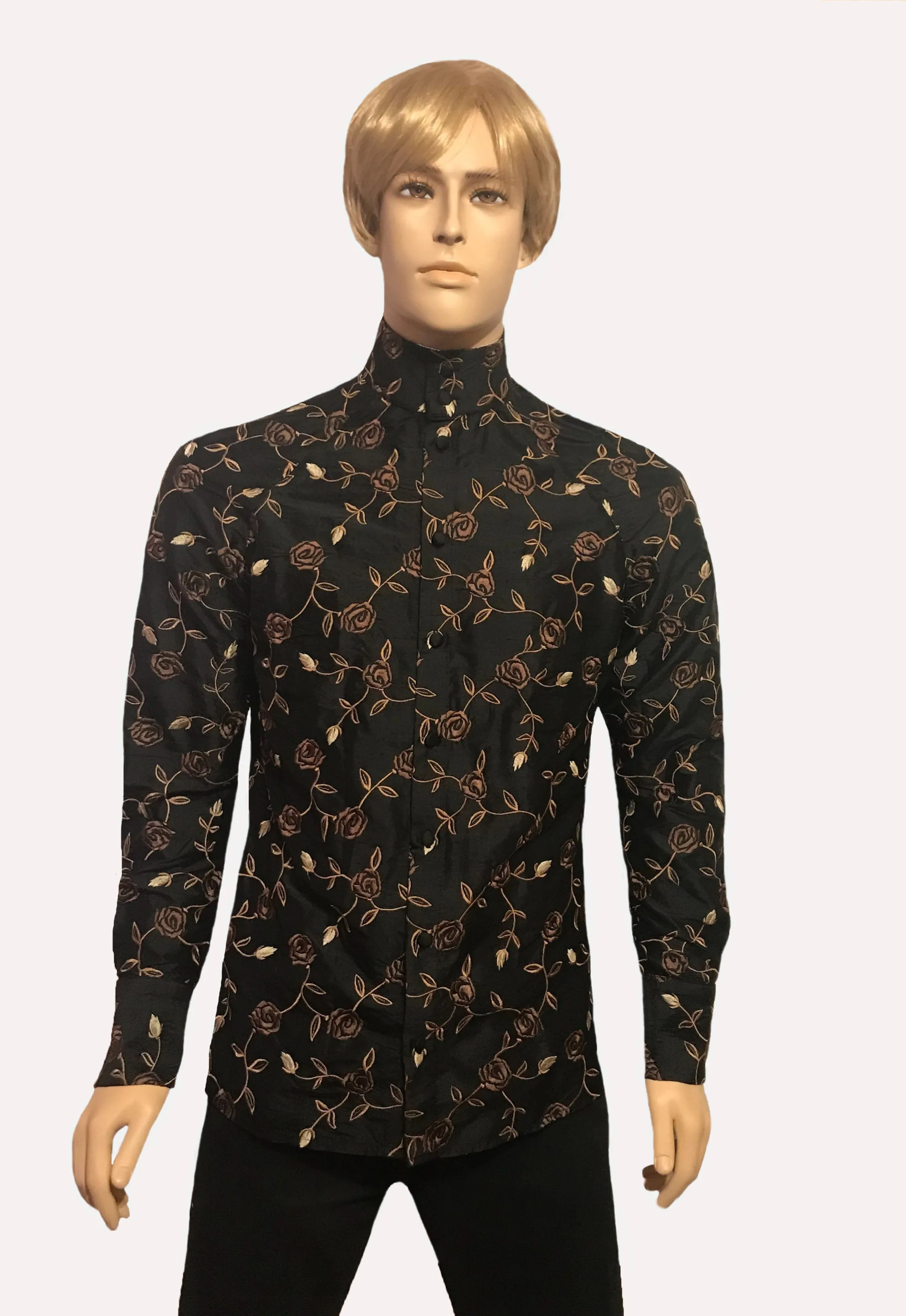 Men's Embroidered Silk Collarless Shirt