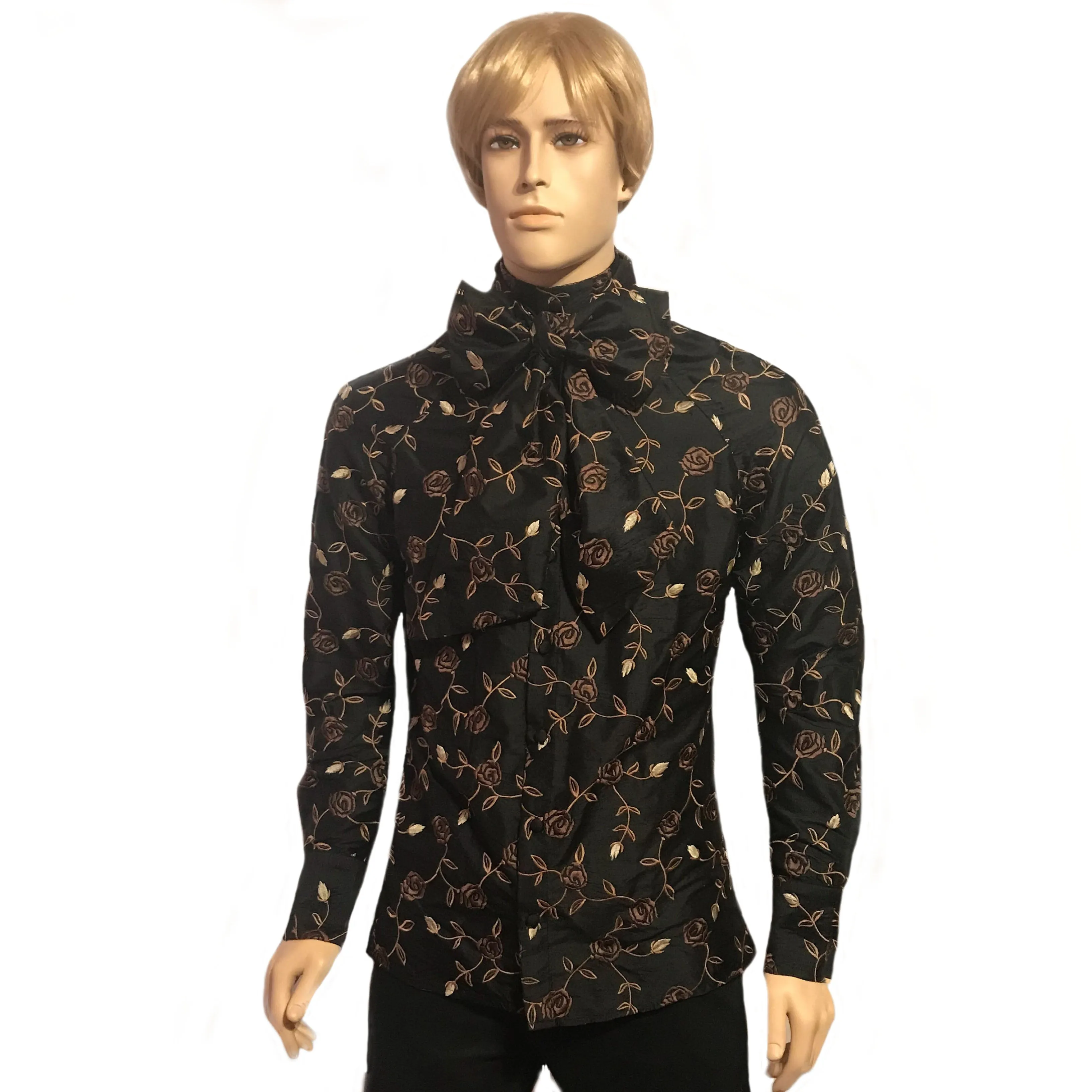 Men's Embroidered Silk Collarless Shirt