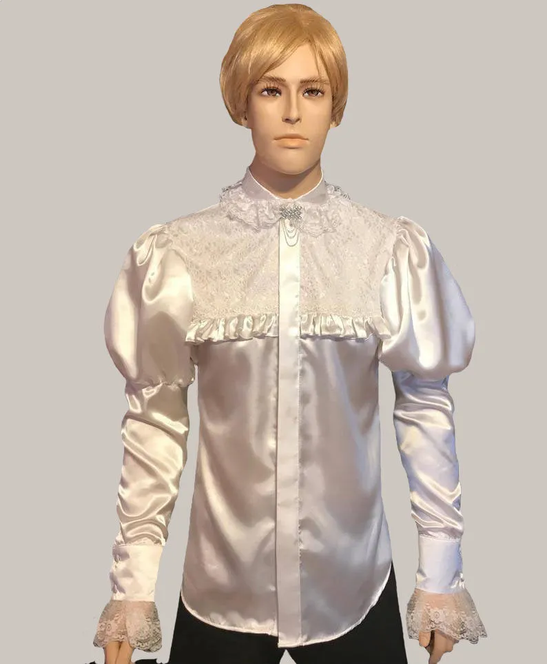 Men's Victorian Satin& Lace Details Men Shirt