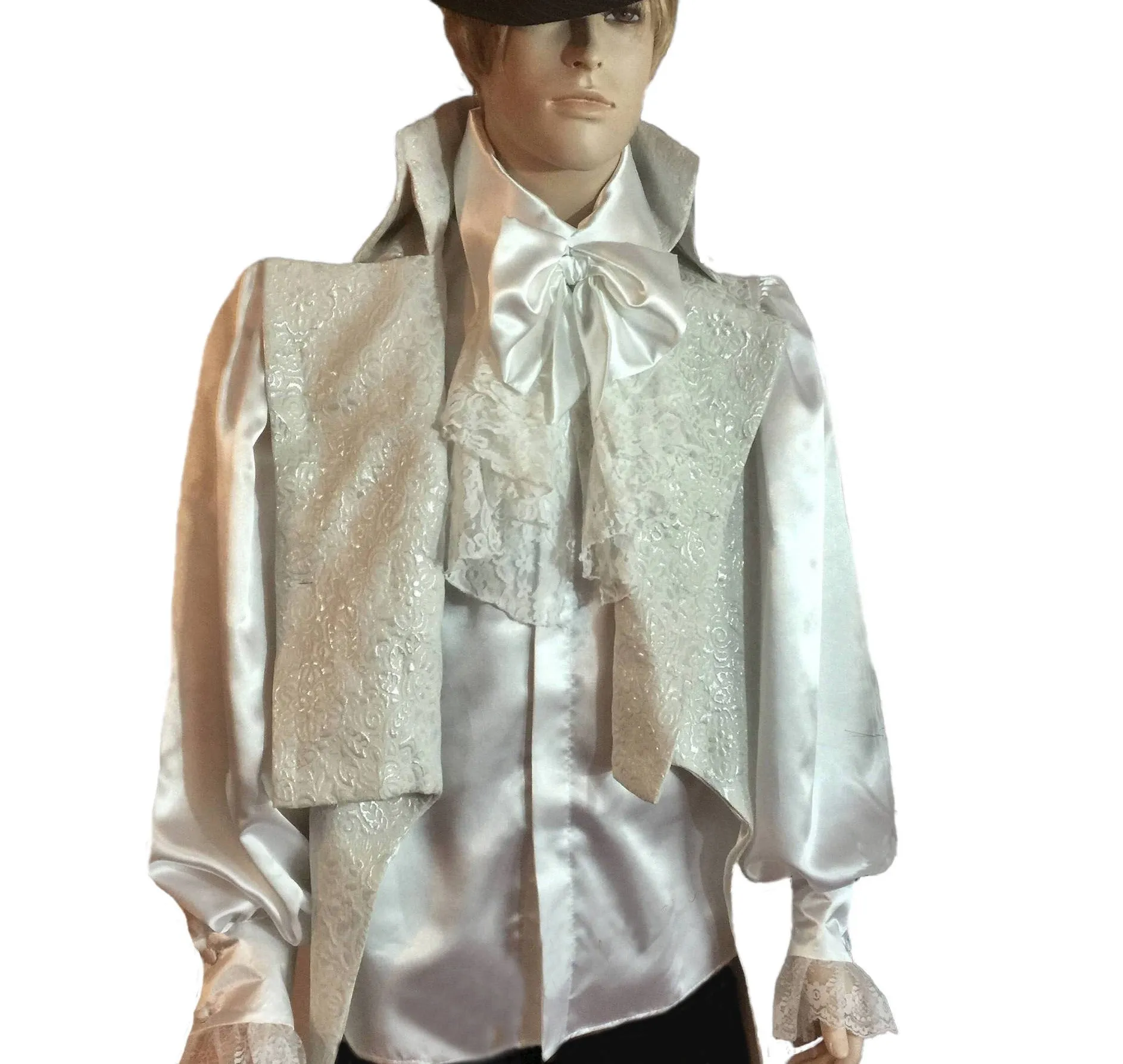 Men's White Satin& Lace Detachable Jabot Shirt