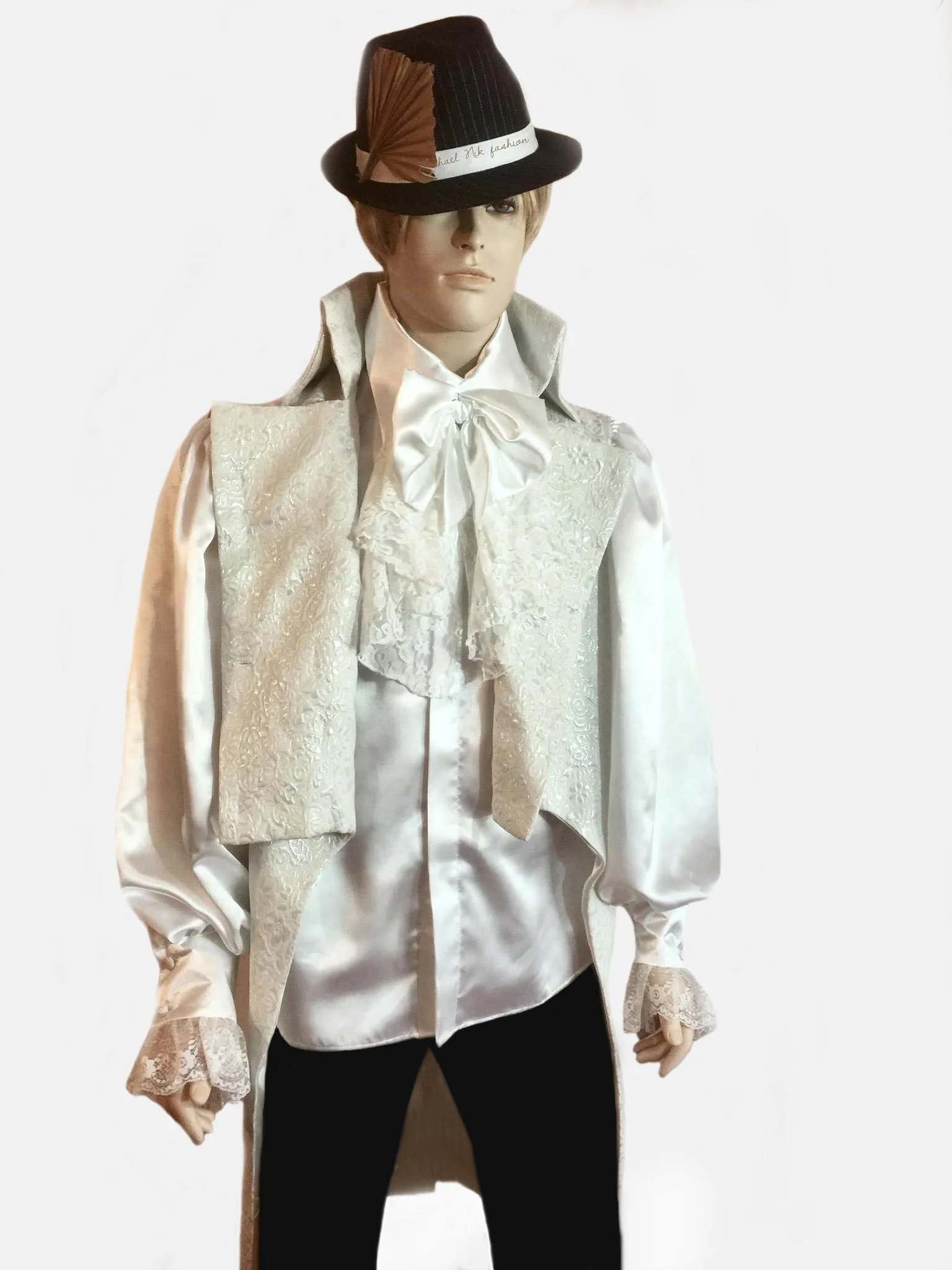 Men's White Satin& Lace Detachable Jabot Shirt