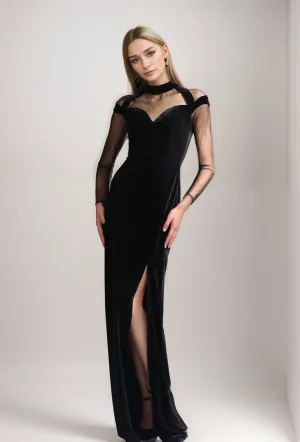 Modern Tulle mesh long sleeves thigh slit Modern Black Velvet Dress