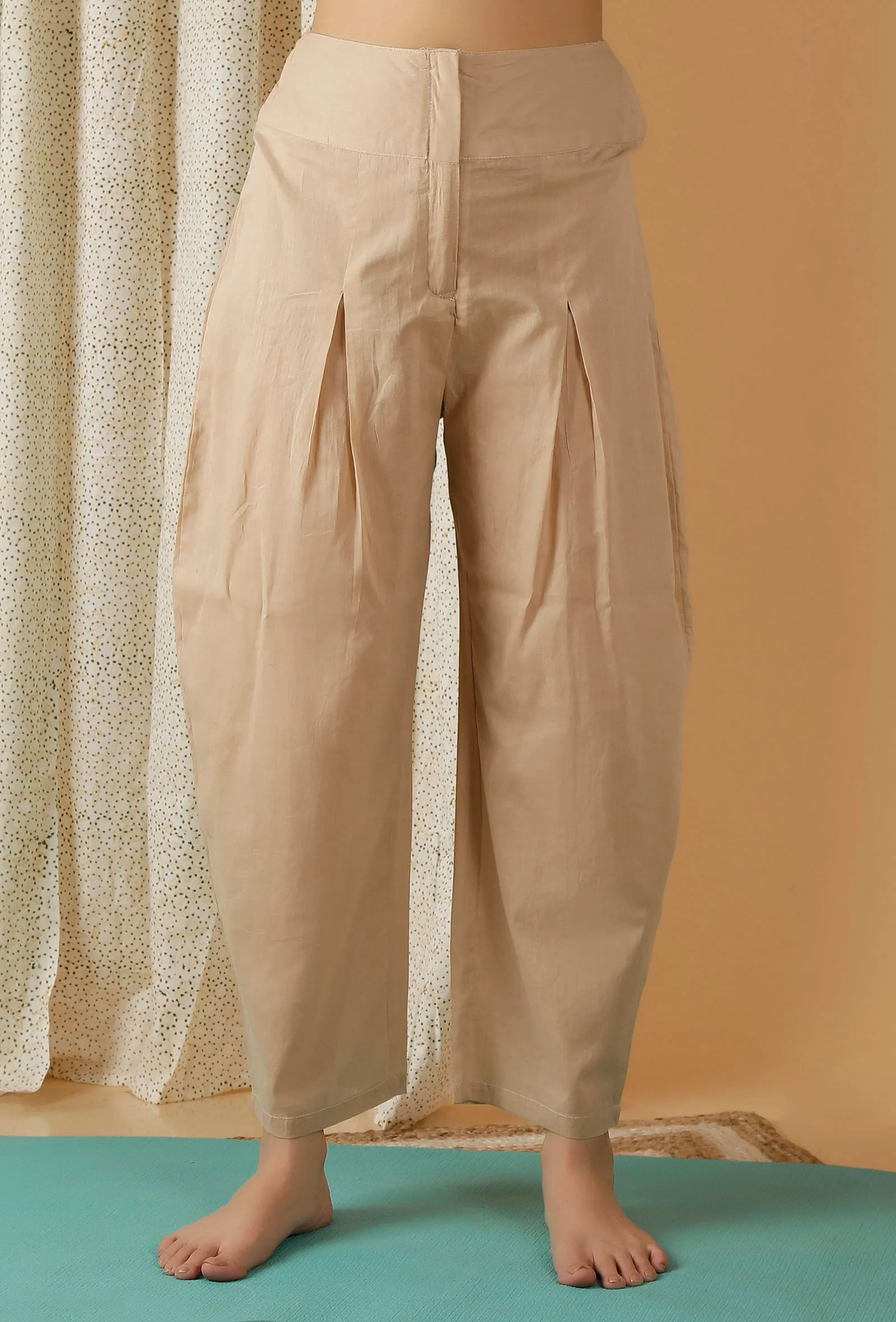 Mulmul Cotton Solid Beige Pleated Harem Pants