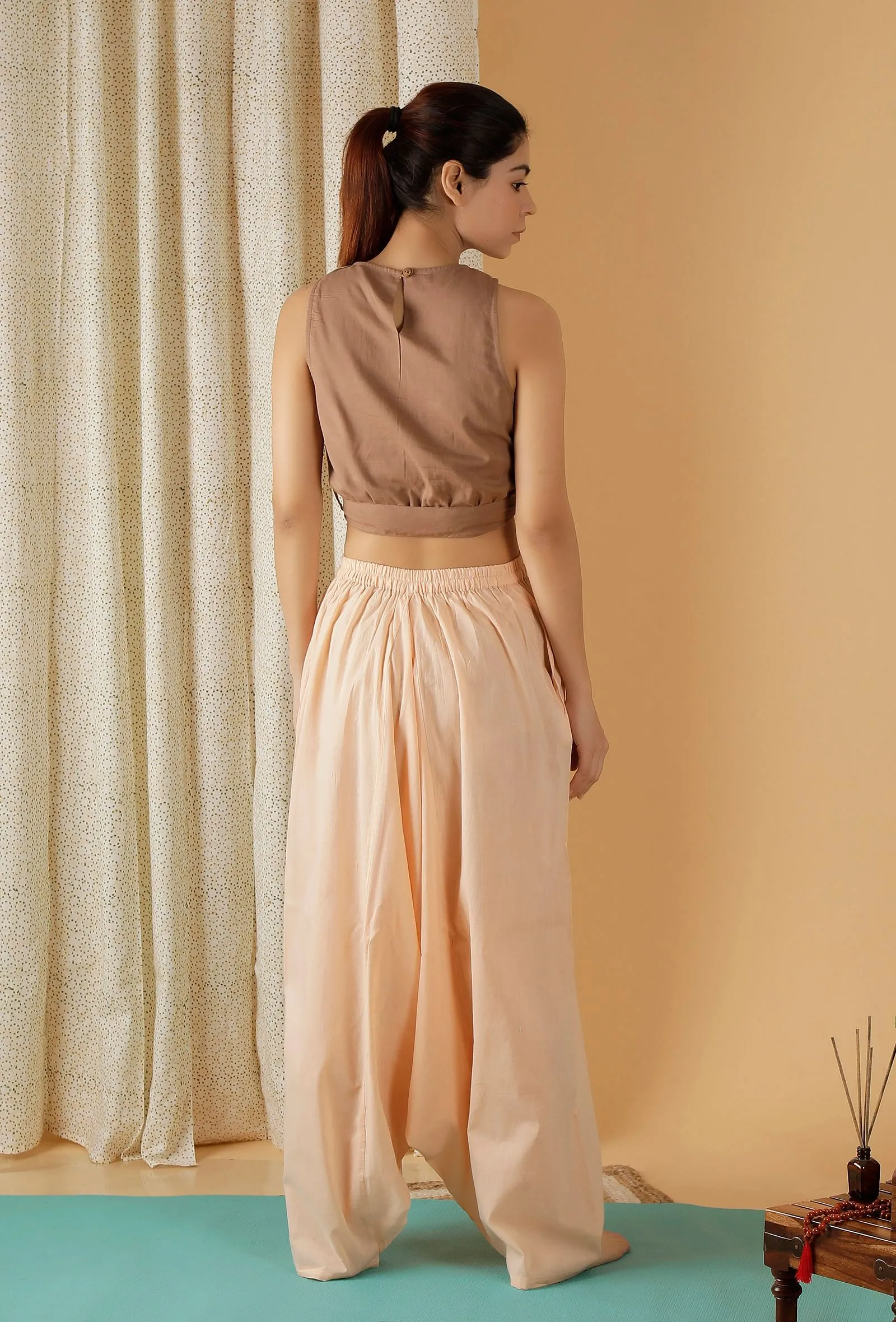 Mulmul Cotton Solid Tan brown Crop Top With Knotted Belt