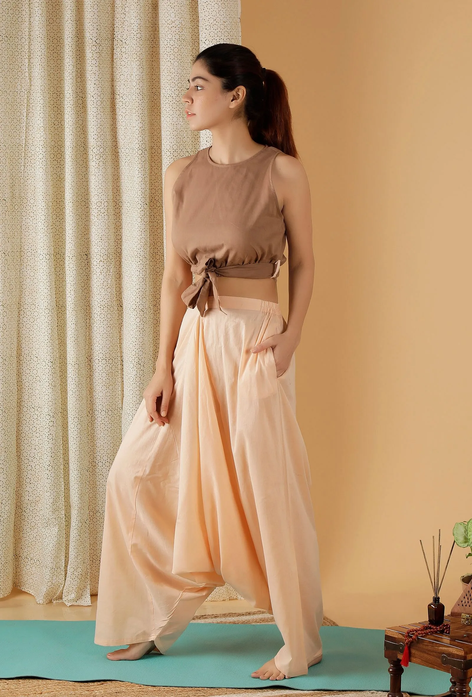 Mulmul Cotton Solid Tan brown Crop Top With Knotted Belt