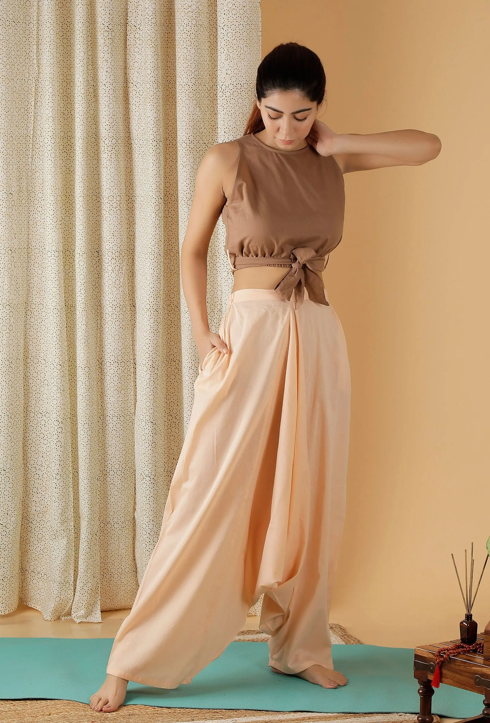 Mulmul Cotton Solid Tan brown Crop Top With Knotted Belt