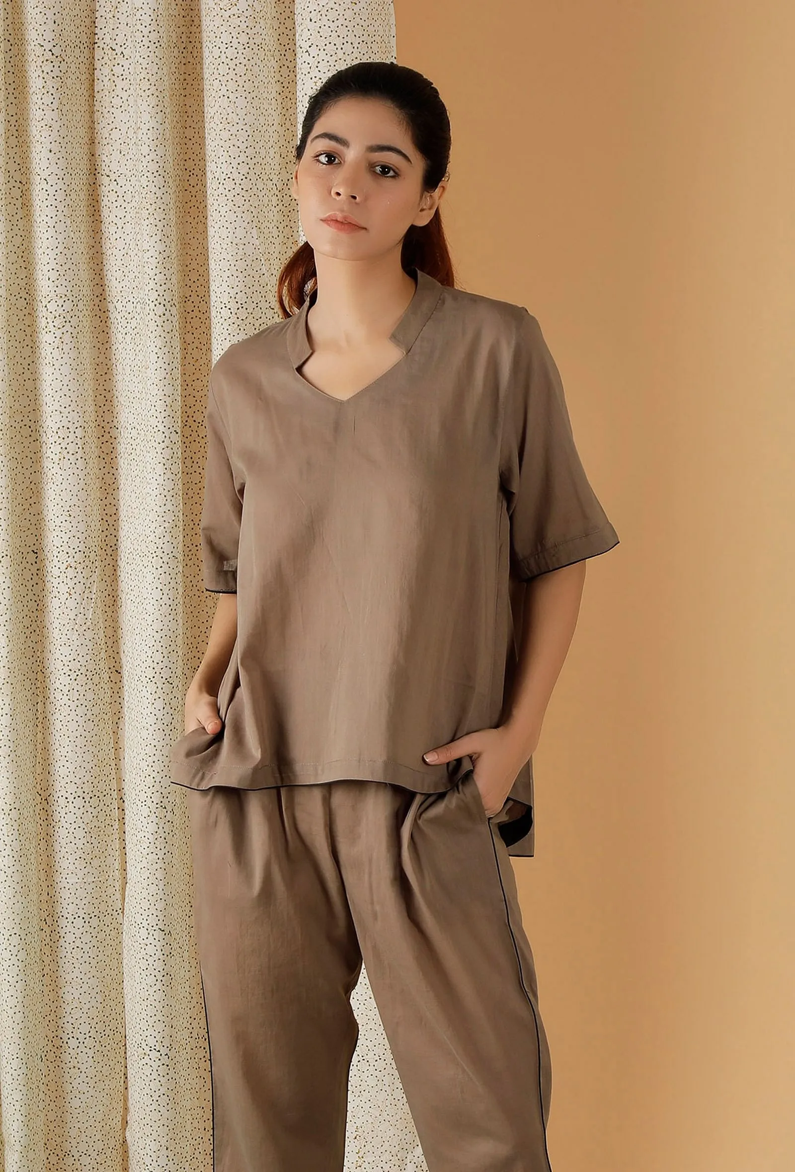 Mulmul Cotton Solid Tan Brown Top