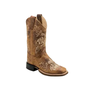 Old West Girls Western With Floral Embroidery Distressed Brown Boots