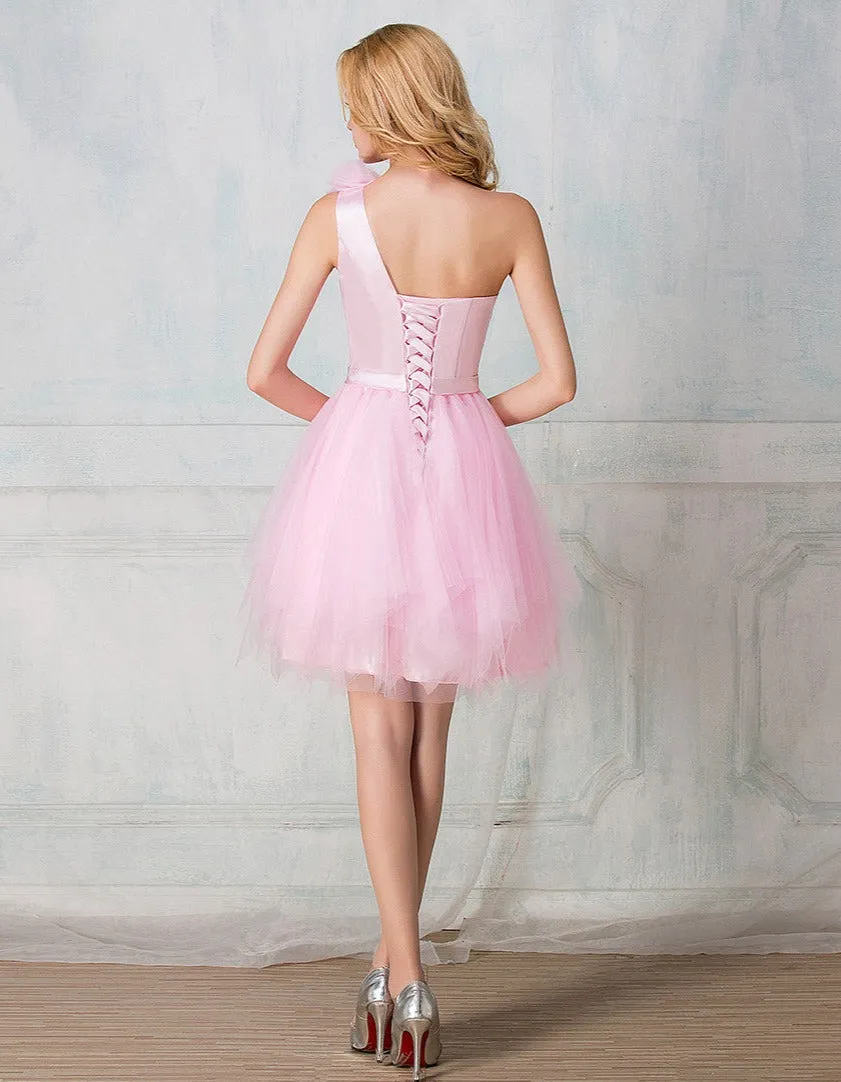 One-shoulder knee-length tulle short prom dress