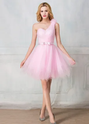 One-shoulder knee-length tulle short prom dress