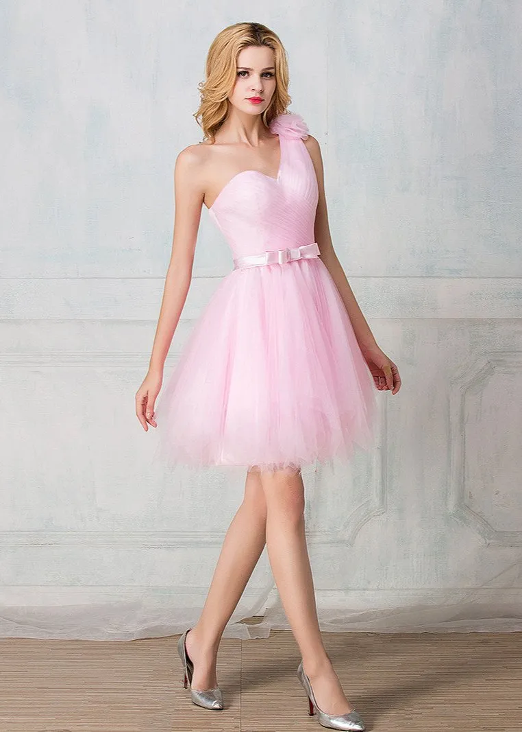 One-shoulder knee-length tulle short prom dress