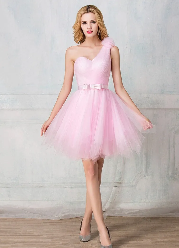 One-shoulder knee-length tulle short prom dress