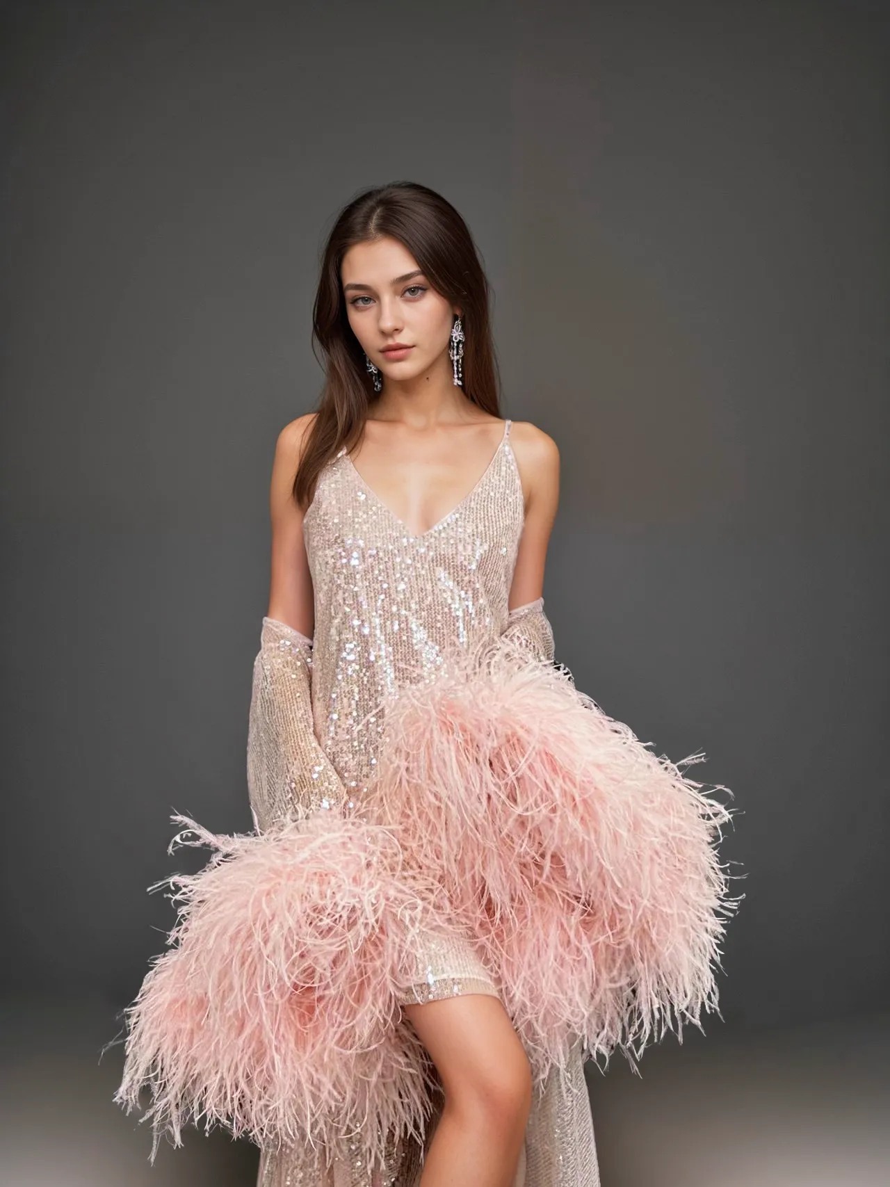 Ostrich Feather sequin mesh long robe dress with sequin nightgown pink ivory