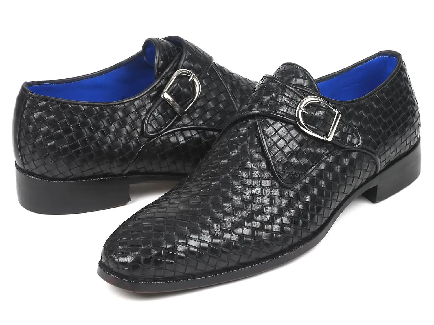 Paul Parkman Artisan Black Braided Leather Monkstrap Shoes