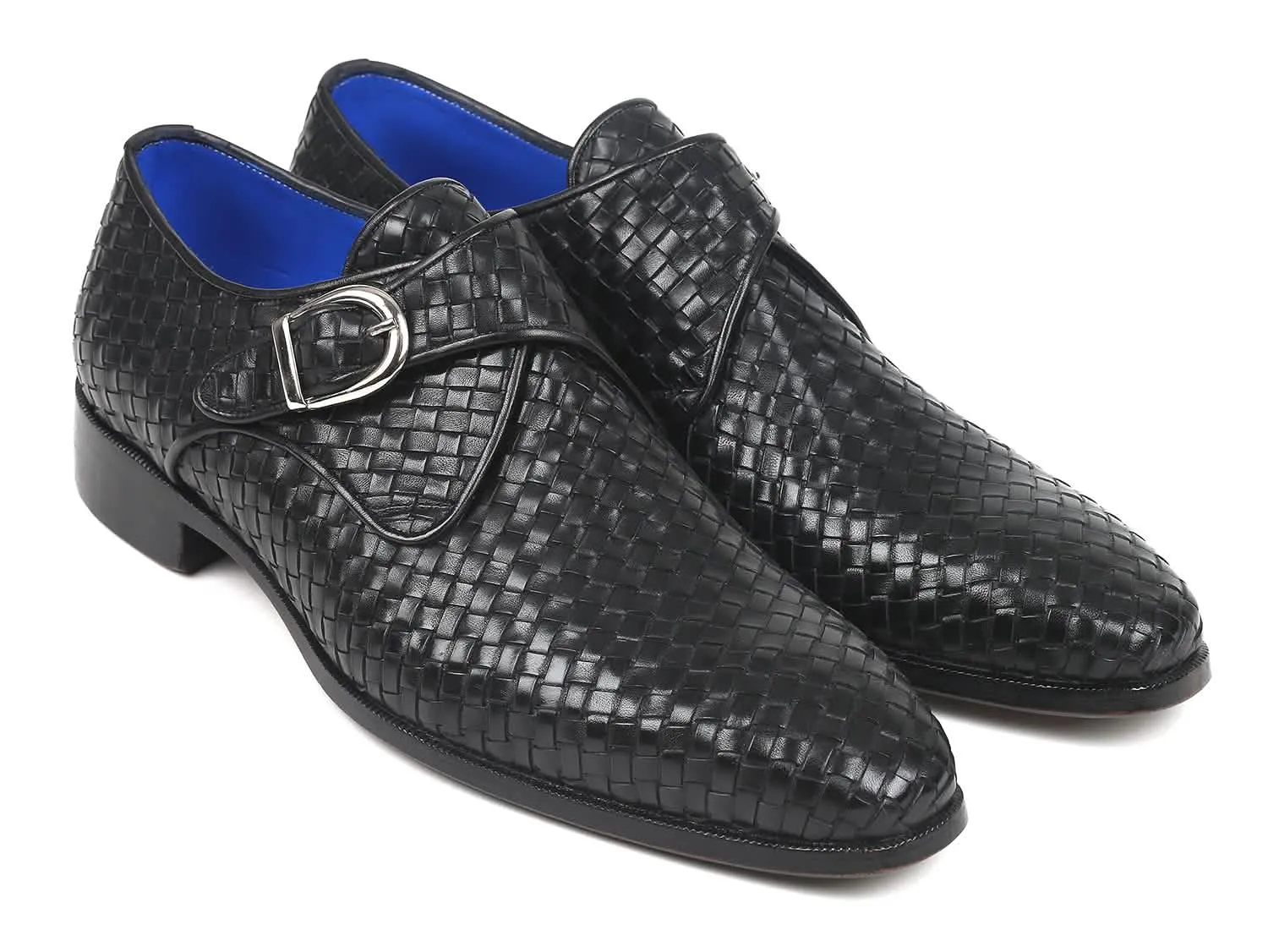 Paul Parkman Artisan Black Braided Leather Monkstrap Shoes