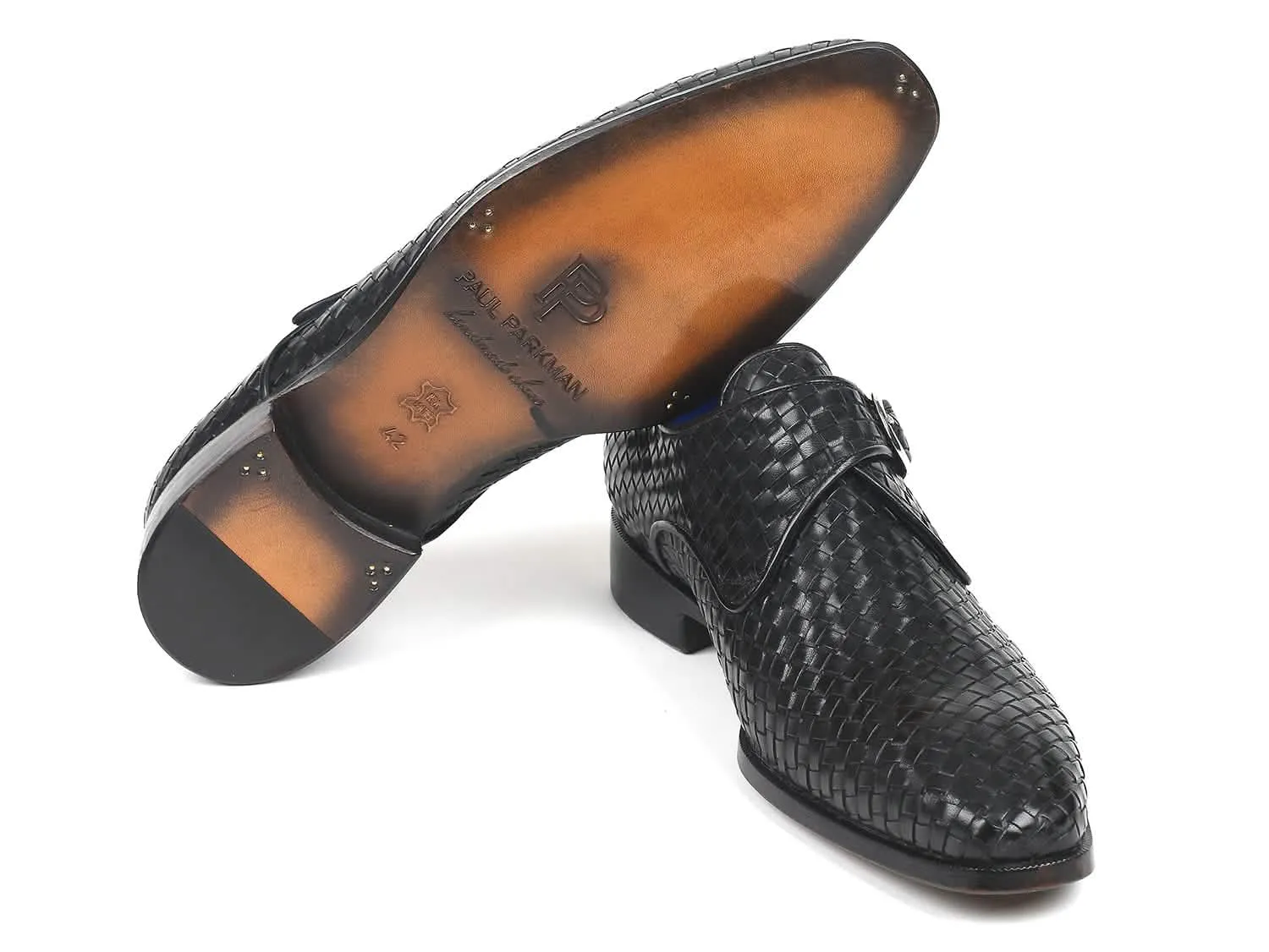 Paul Parkman Artisan Black Braided Leather Monkstrap Shoes