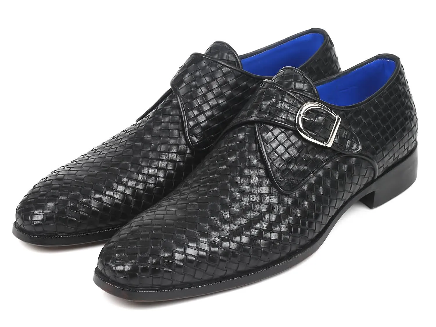 Paul Parkman Artisan Black Braided Leather Monkstrap Shoes