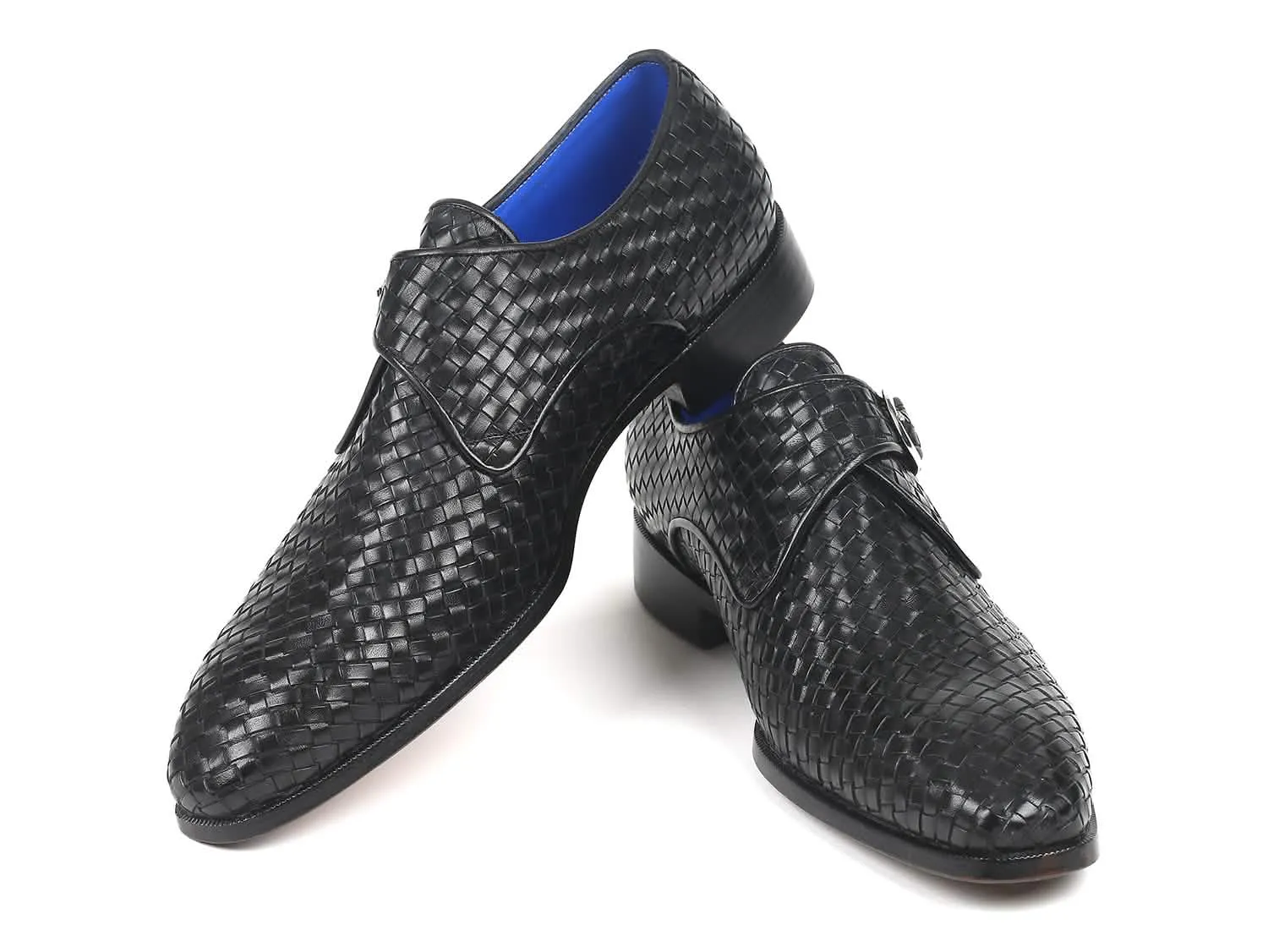 Paul Parkman Artisan Black Braided Leather Monkstrap Shoes