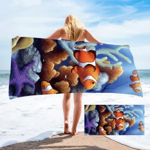 Seaside Portable Microfiber Beach Swim Printed Bath Towel 130x80cm(Clown Fish)