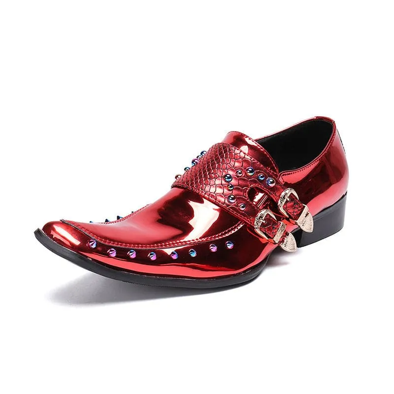 Shiny Red Pointed Patent Embossed Leather Men’s Shoes