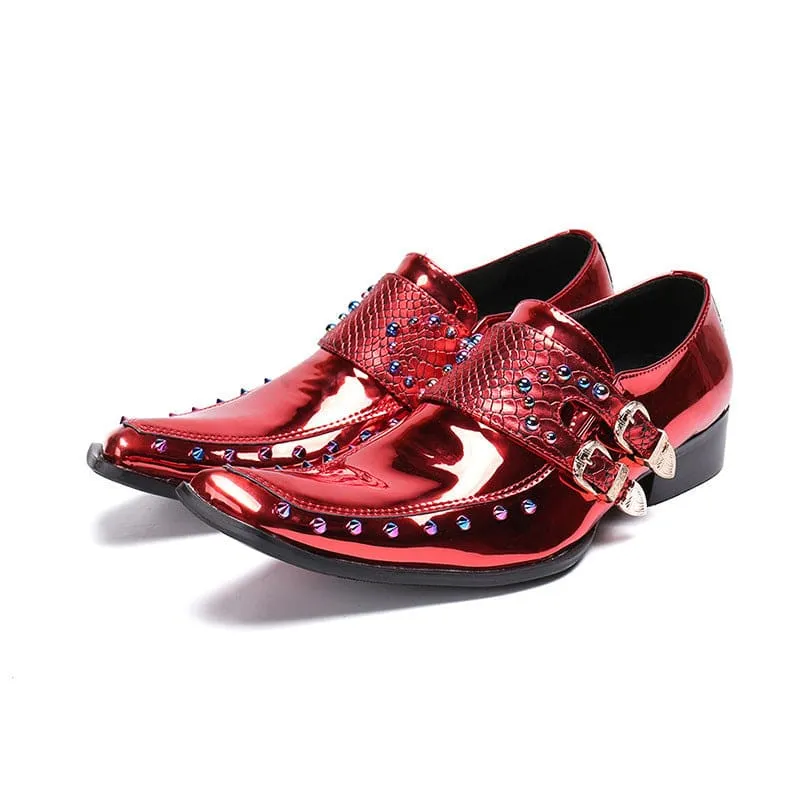 Shiny Red Pointed Patent Embossed Leather Men’s Shoes