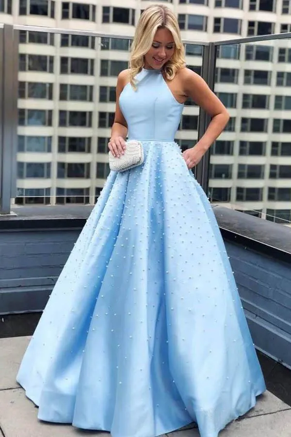 Sky Blue Simple Satin Long Prom Dresses Pearl Skirt Prom Dress with Pocket PG975