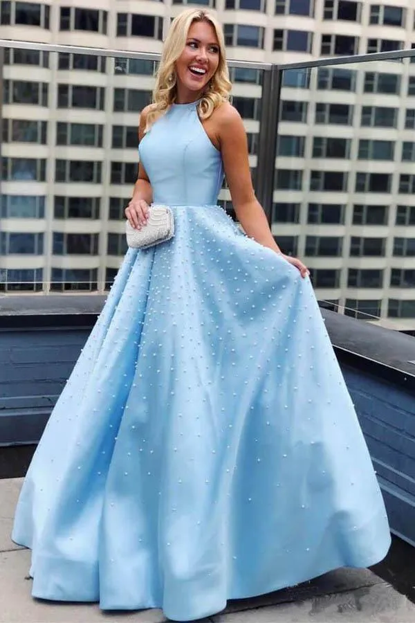 Sky Blue Simple Satin Long Prom Dresses Pearl Skirt Prom Dress with Pocket PG975