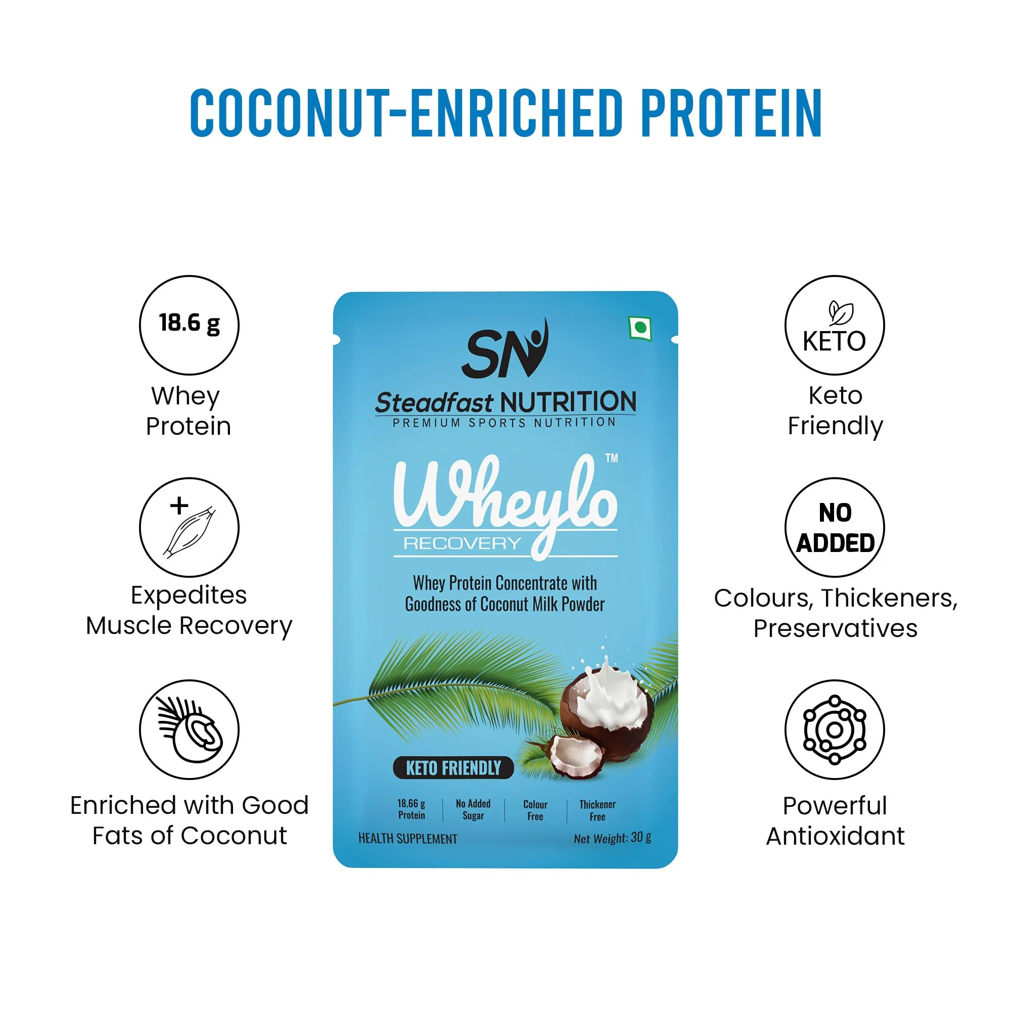 Steadfast Nutrition Wheylo Whey Protein Concentrate 80% | Keto Friendly | Contains 18.66g multifunctional Whey protein for muscle recovery and growth | Goodness of Coconut milk powder (6 sachets)