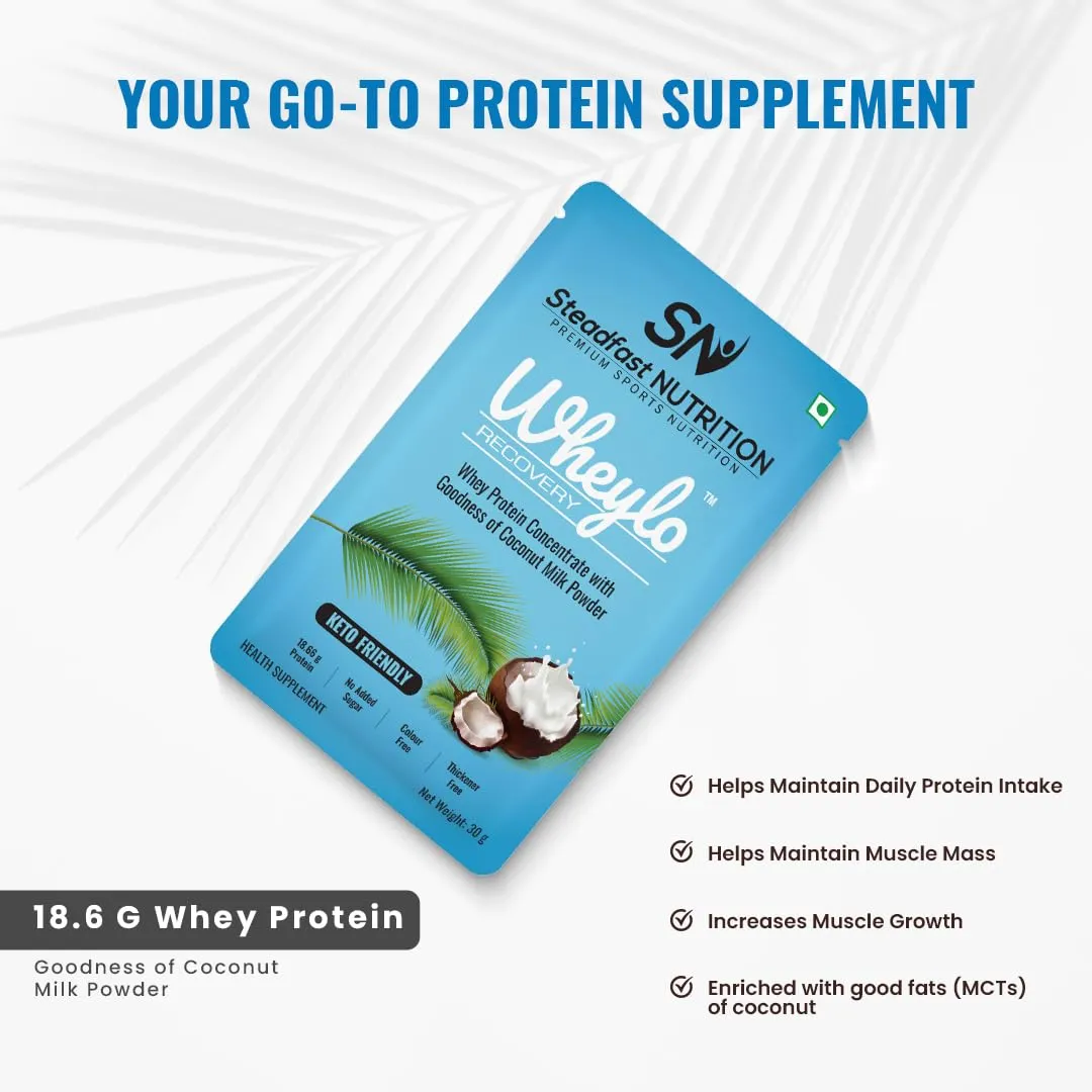 Steadfast Nutrition Wheylo Whey Protein Concentrate 80% | Keto Friendly | Contains 18.66g multifunctional Whey protein for muscle recovery and growth | Goodness of Coconut milk powder (6 sachets)