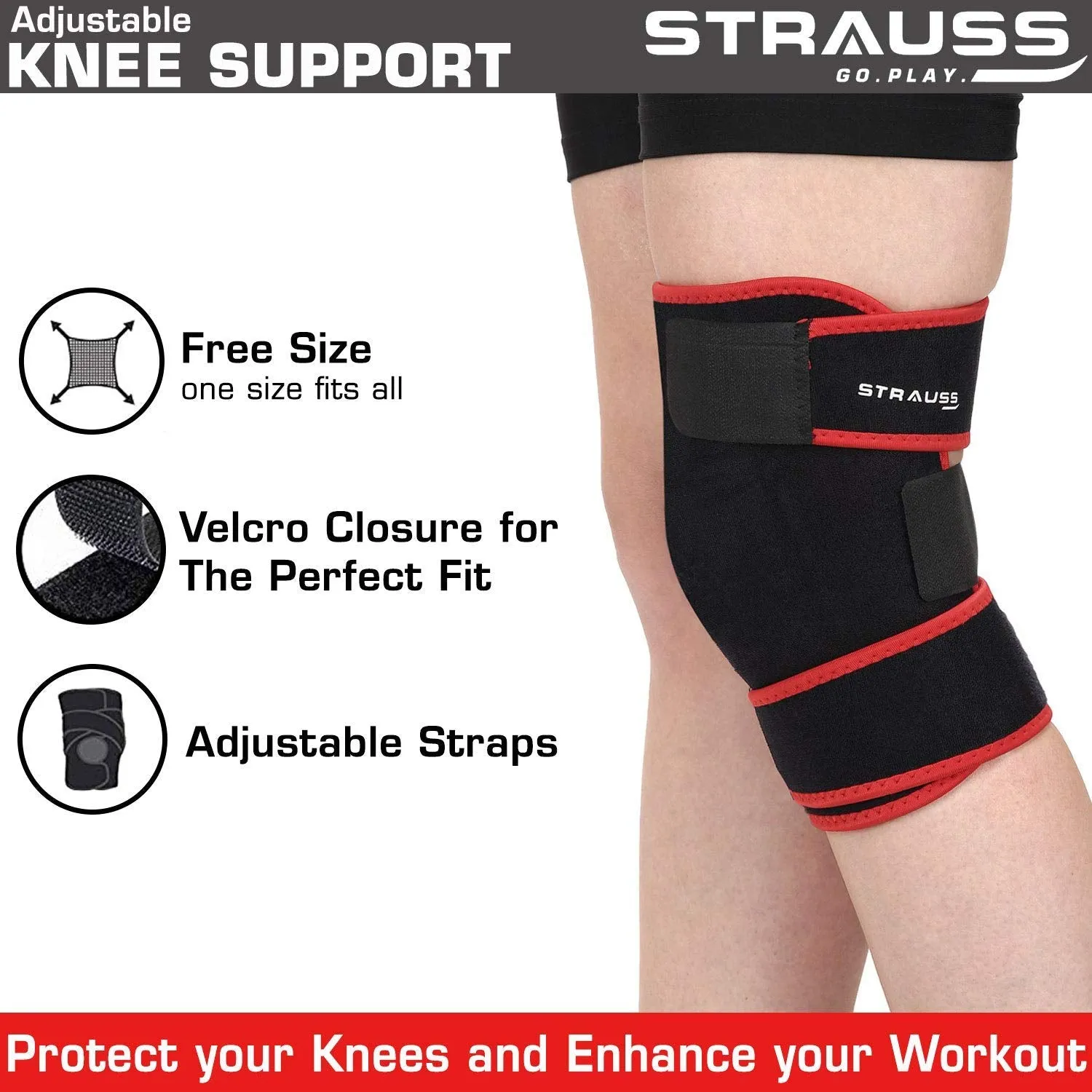 STRAUSS Adjustable Knee Support, Ankle Support, Free Size (Black, Large)