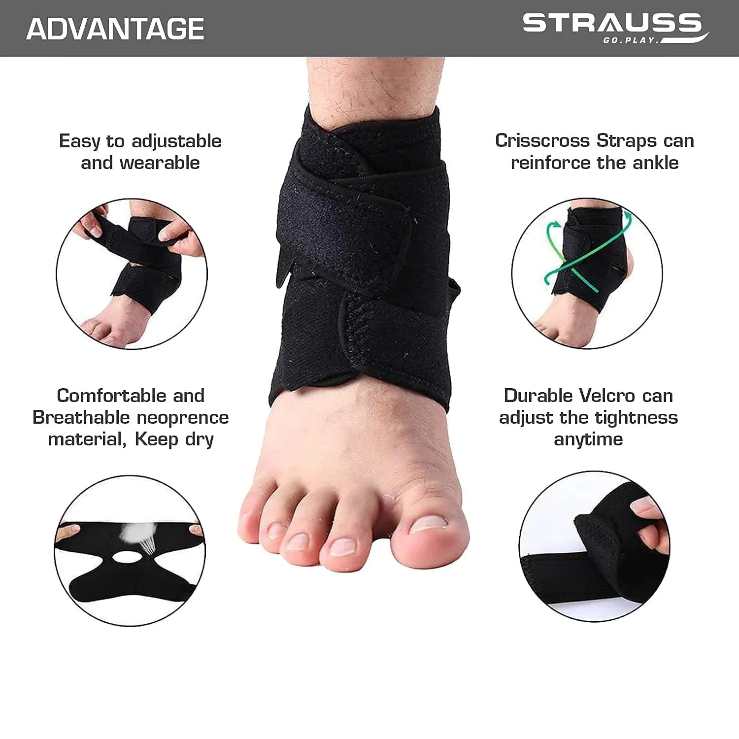 STRAUSS Ankle Support Brace|Adjustable, Breathable, and Durable |Ankle Support for Pain Relief | Perfect Support for Chronic Injury Symptoms, Recovery, and Sports | Provides Stability,(Black)