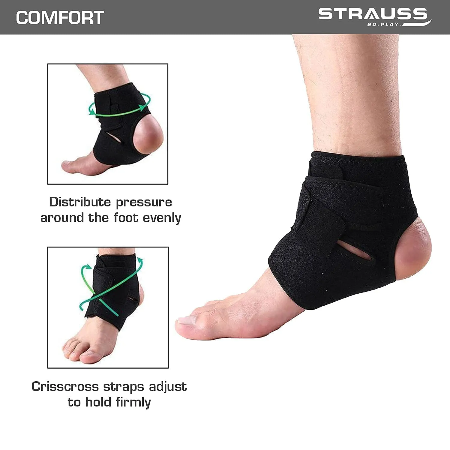 STRAUSS Ankle Support Brace|Adjustable, Breathable, and Durable |Ankle Support for Pain Relief | Perfect Support for Chronic Injury Symptoms, Recovery, and Sports | Provides Stability,(Black)