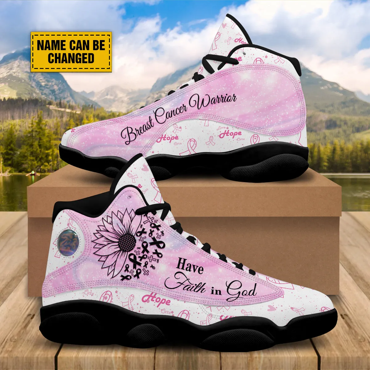 Teesdily | Breast Cancer Warrior Customized Basketball Shoes, Sunflower Faith Running Shoes, Pink Ribbon Pattern Shoes, Positive Gift For Girl Women