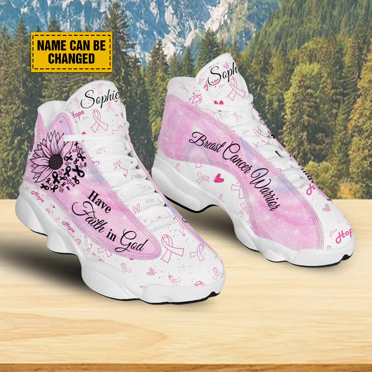 Teesdily | Breast Cancer Warrior Customized Basketball Shoes, Sunflower Faith Running Shoes, Pink Ribbon Pattern Shoes, Positive Gift For Girl Women