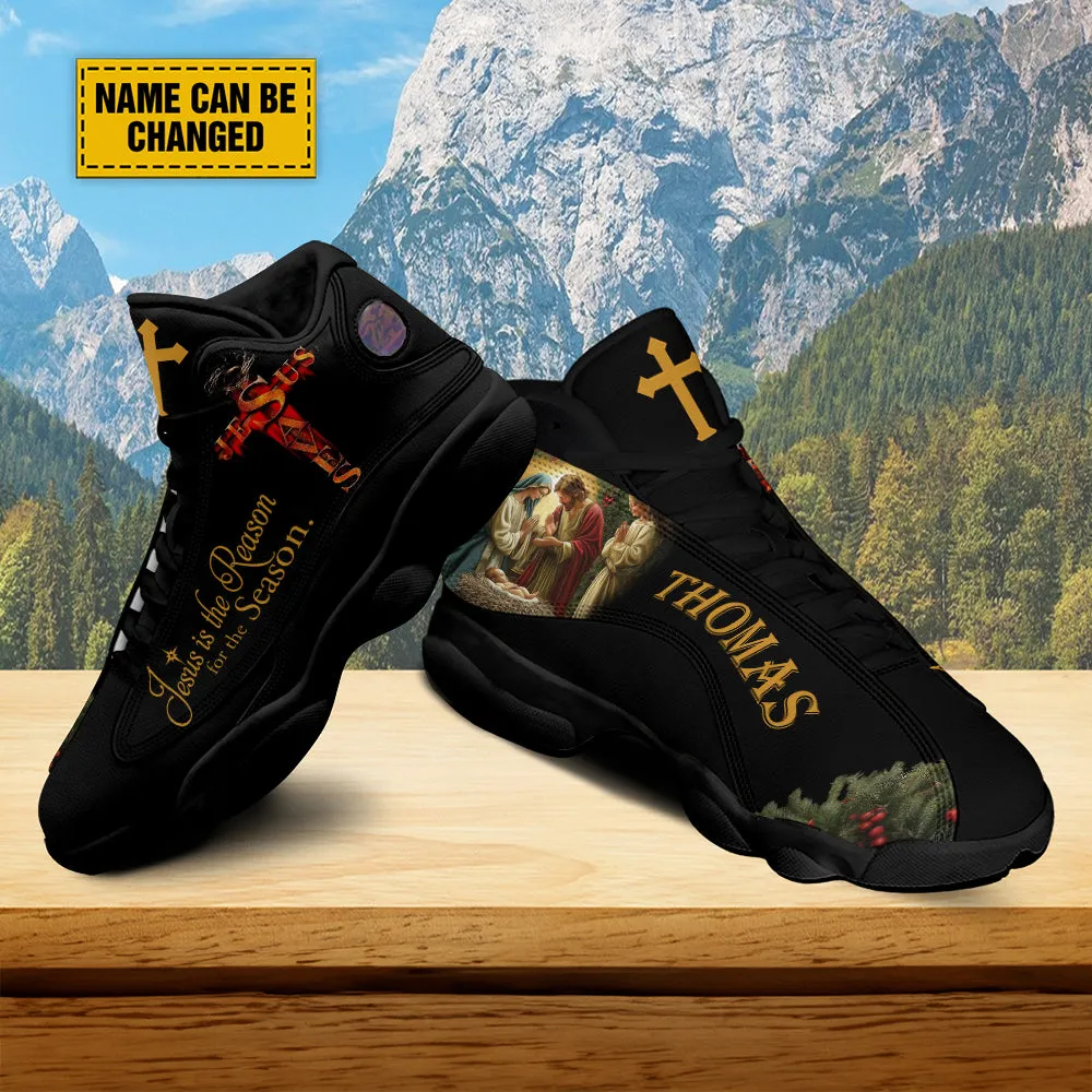 Teesdily | Customized Jesus Is The Reason For The Season Basketball Shoes, Jesus Nativity Christmas Running Shoes, Christmas Gift