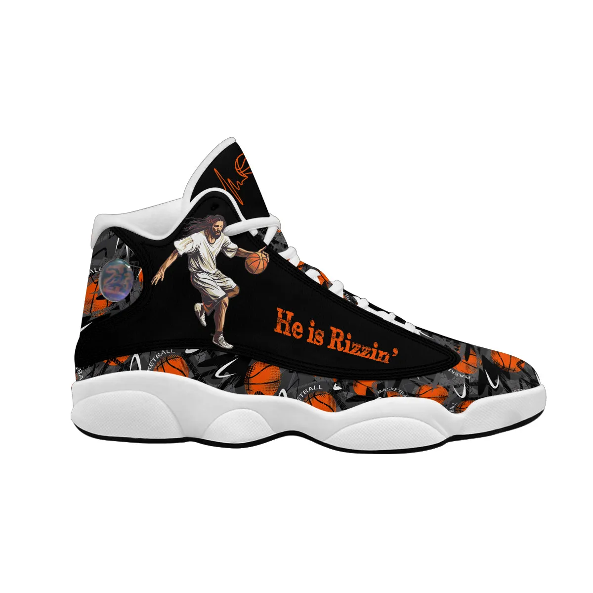 Teesdily | Jesus Basketball Customized Sport Shoes, Jesus He Is Rizzin Shoes, Basketball Pattern Shoes, Basketball Player Unisex Basketball Shoes