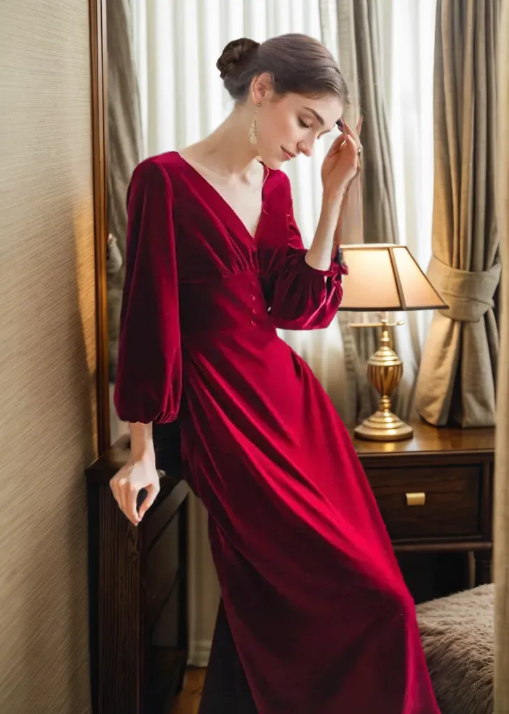 Vintage Long puffed sleeves V-neck V-back Velvet Dress