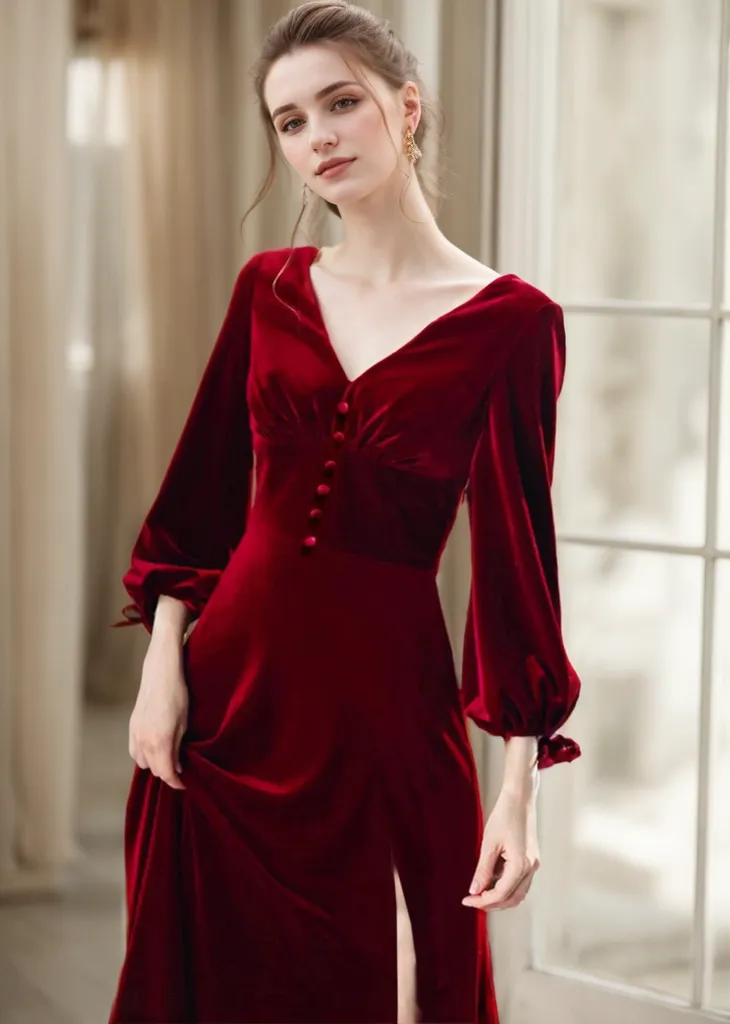 Vintage Long puffed sleeves V-neck V-back Velvet Dress