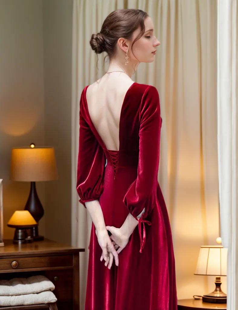 Vintage Long puffed sleeves V-neck V-back Velvet Dress