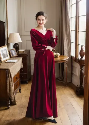 Vintage Long puffed sleeves V-neck V-back Velvet Dress