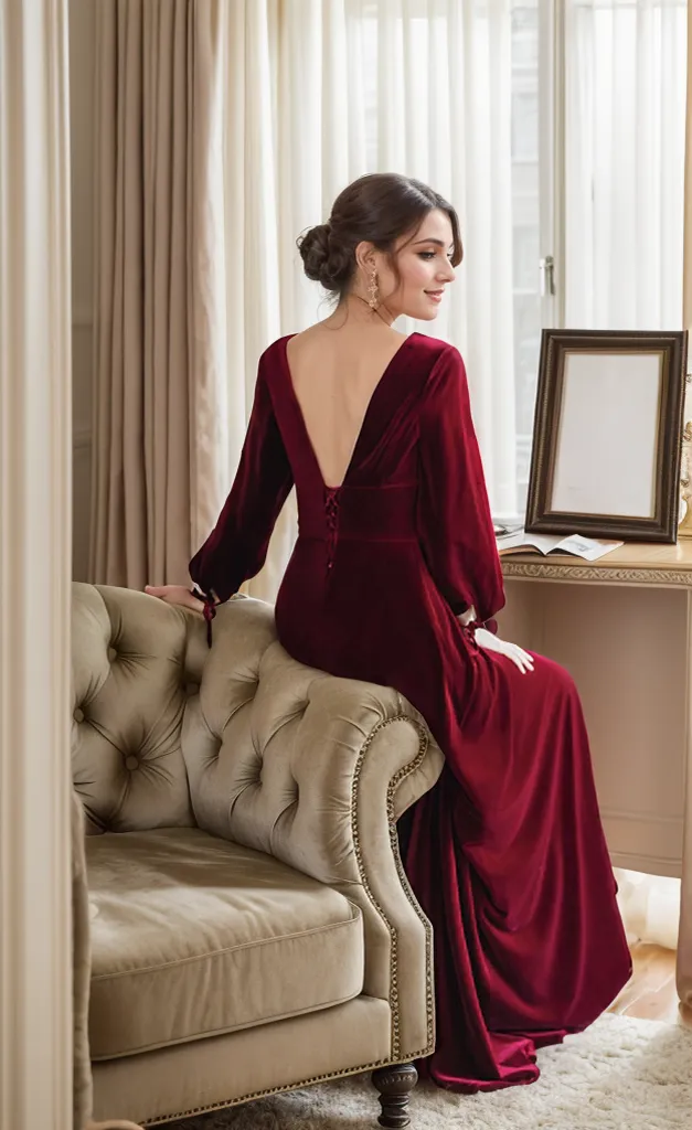 Vintage Long puffed sleeves V-neck V-back Velvet Dress