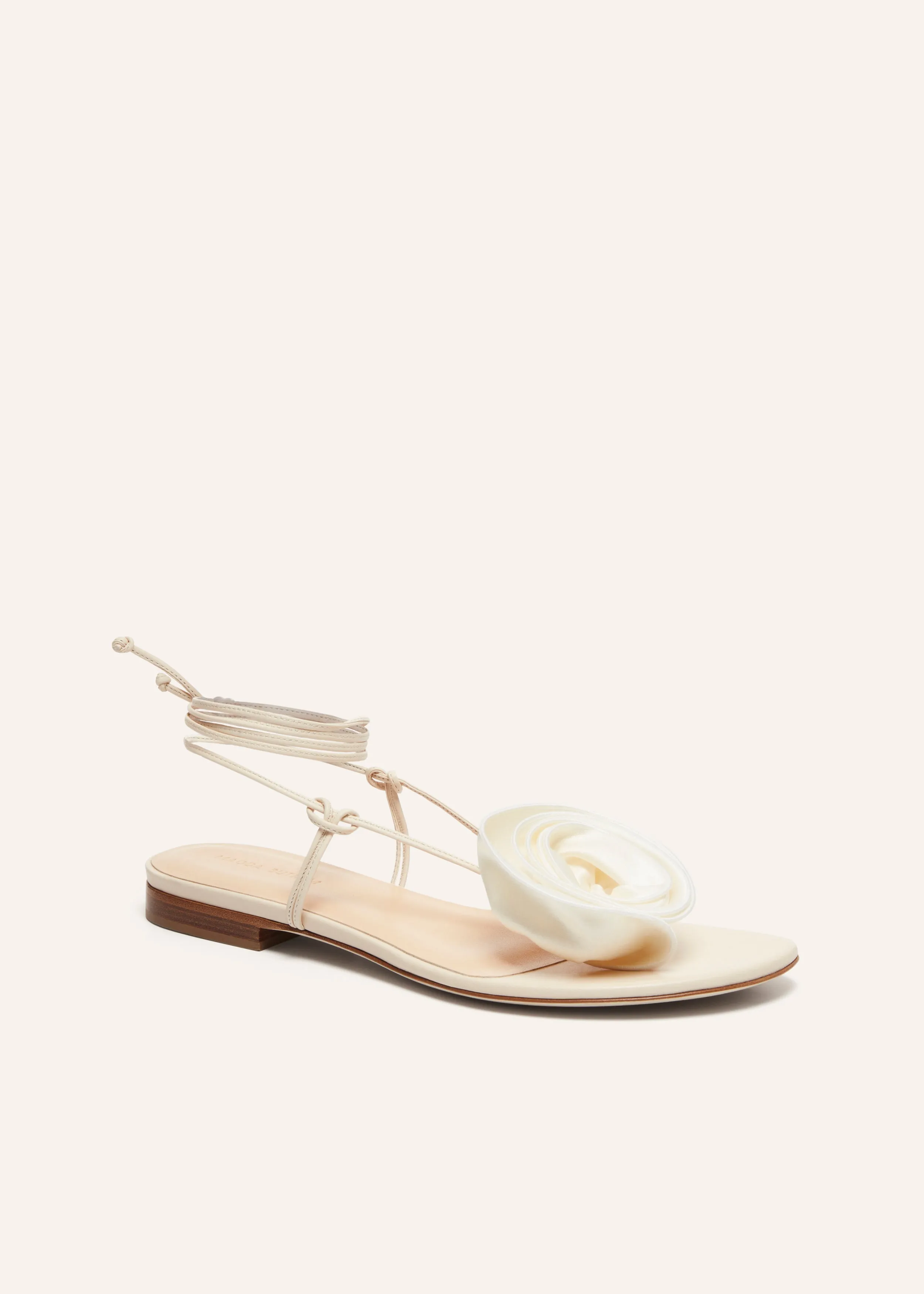 Wrap around flat flower sandals in cream satin