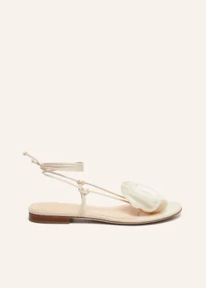 Wrap around flat flower sandals in cream satin