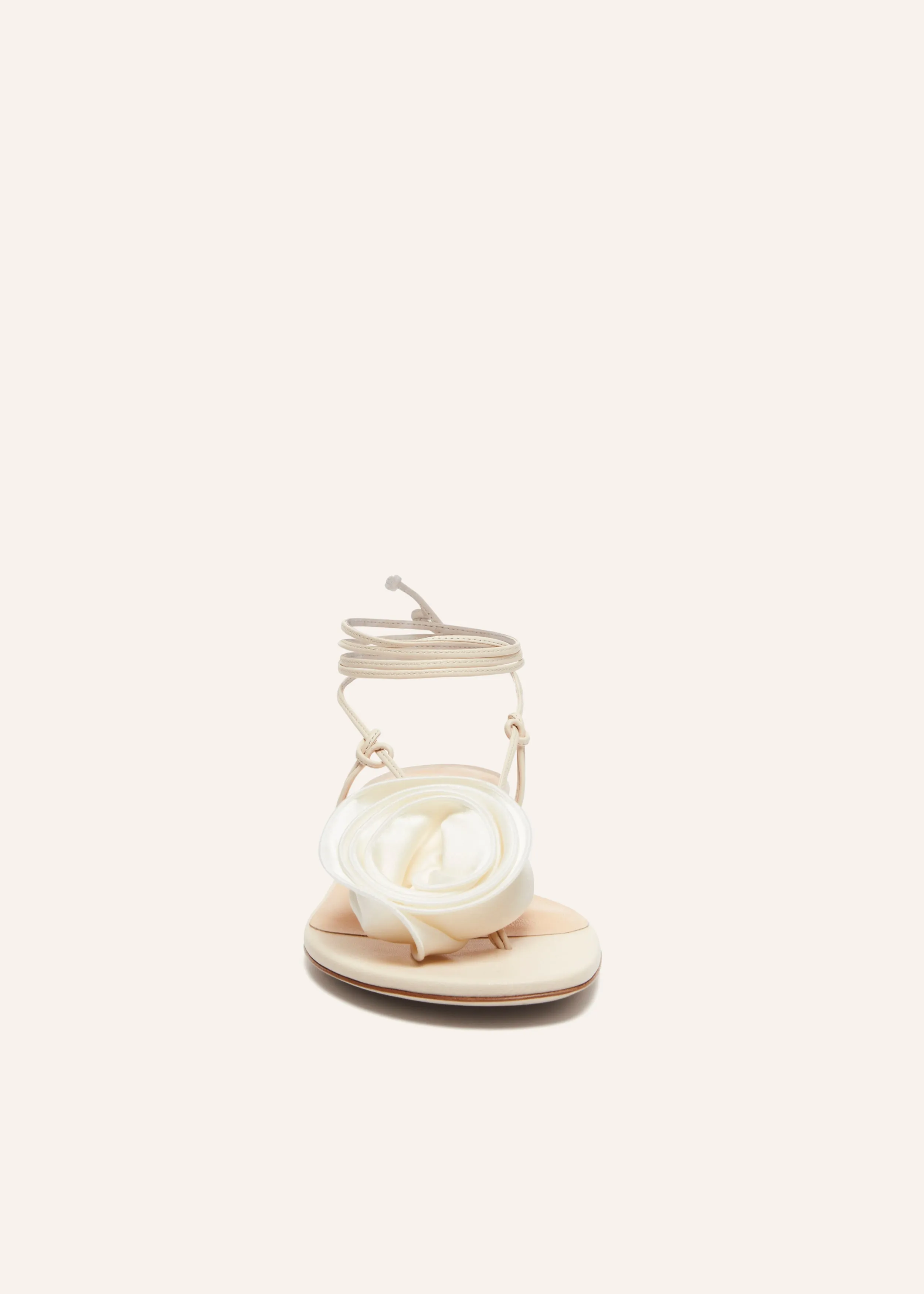 Wrap around flat flower sandals in cream satin