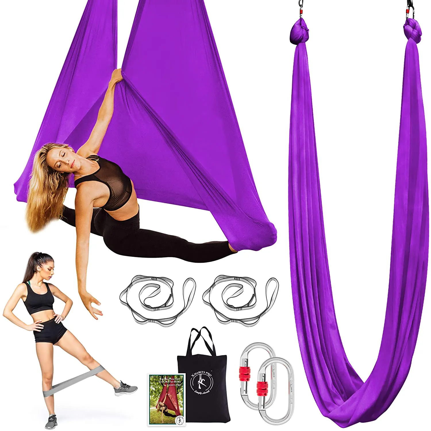 X Habits Pro Premium Aerial Yoga Hammock - Aerial Yoga Swing Set - Antigravity Aerial Silks - Flying Yoga Sling Inversion Equipment - Hardware Included, Resistance Band, Manual and Tote Bag