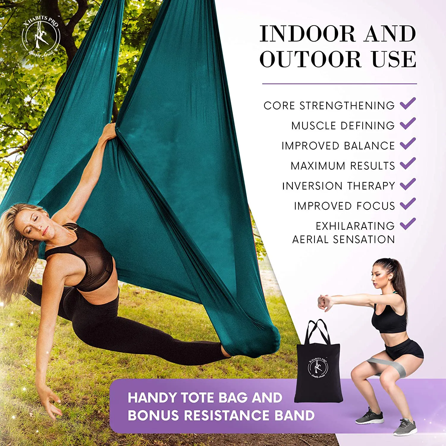 X Habits Pro Premium Aerial Yoga Hammock - Aerial Yoga Swing Set - Antigravity Aerial Silks - Flying Yoga Sling Inversion Equipment - Hardware Included, Resistance Band, Manual and Tote Bag